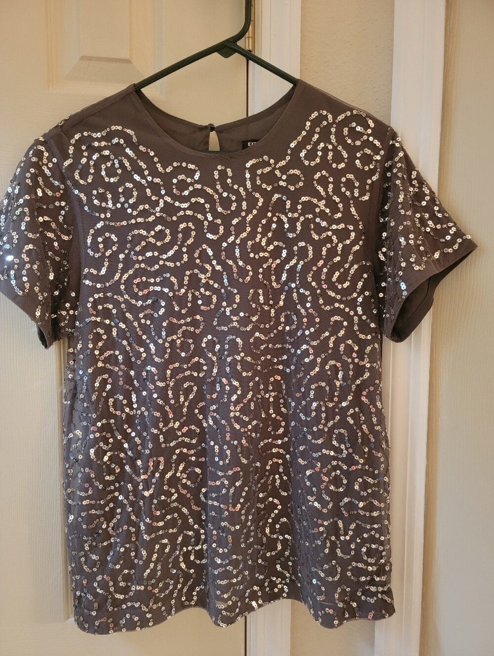 Express Silver Sequin Short Sleeve Tee - Gray